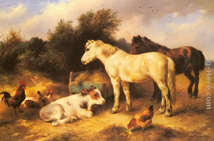 Walter Hunt Ponies, A Calf and Poultry In a Farmyard
